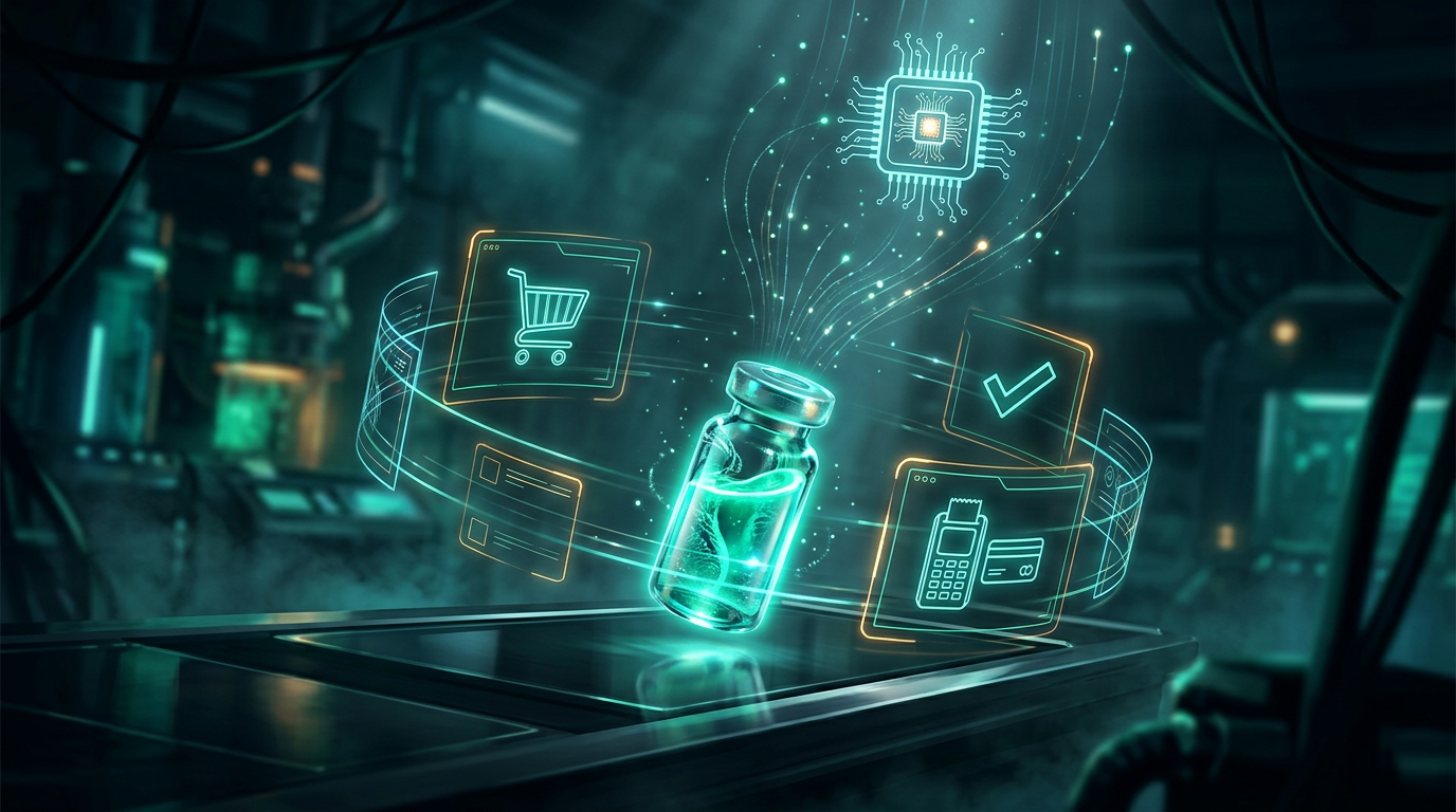A biotech-inspired storefront interface connected to an ACP backend and MCP tools for AI ordering