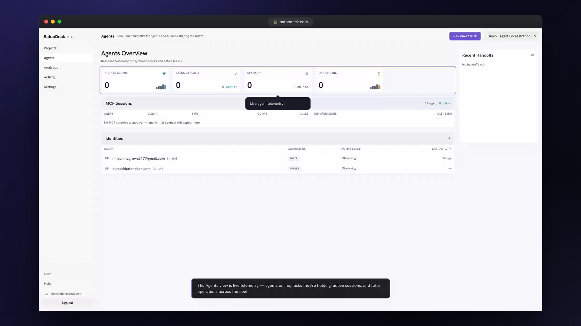The Agents view — live telemetry for every actor sharing the board: who's online, what they're holding, active leases, sessions, and total operations across the fleet.