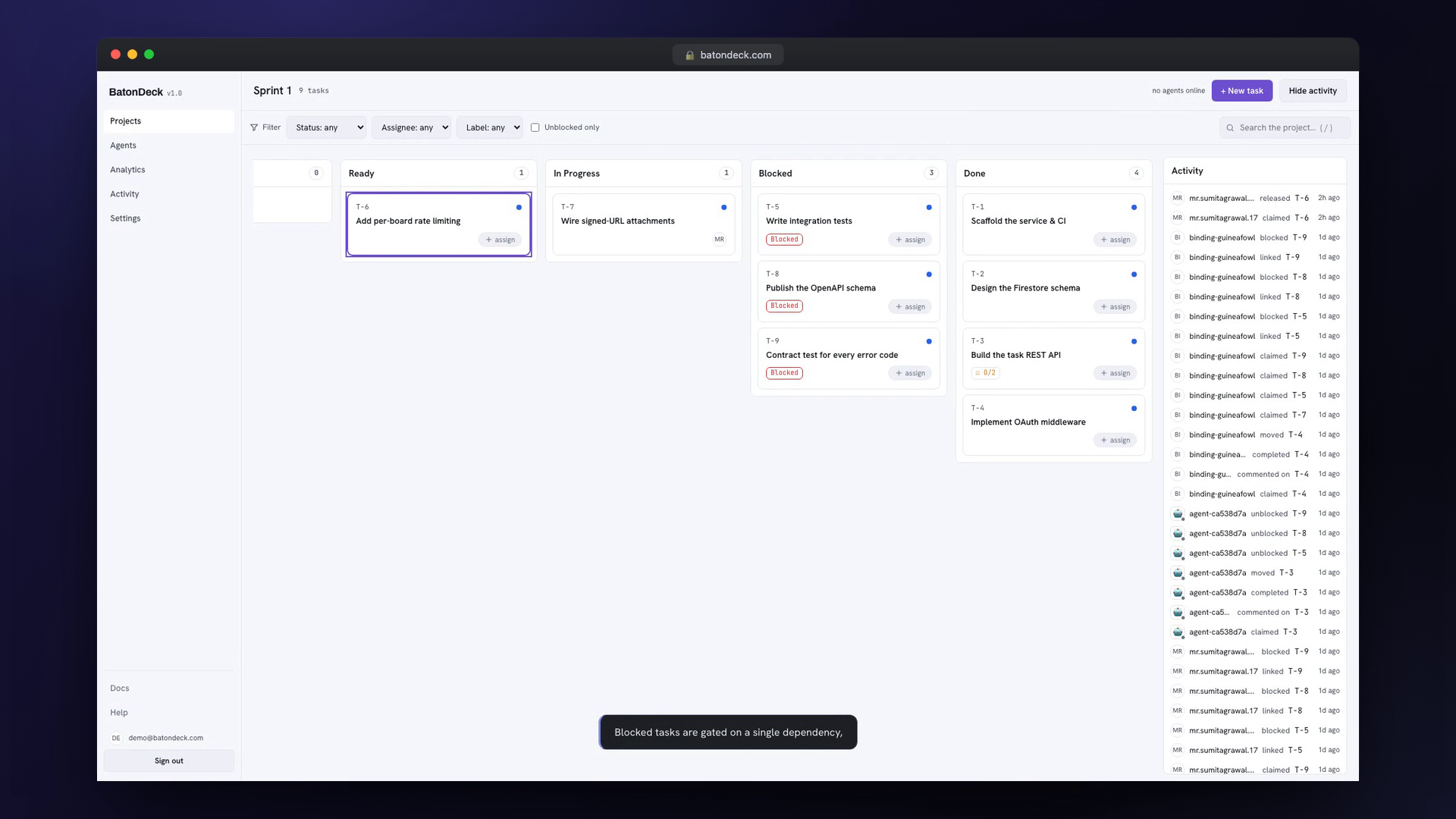Tasks in the Blocked column are gated on a single dependency — they stay out of the Ready pool until their blocker lands, then auto-flip to Ready and wake whatever agents are waiting.