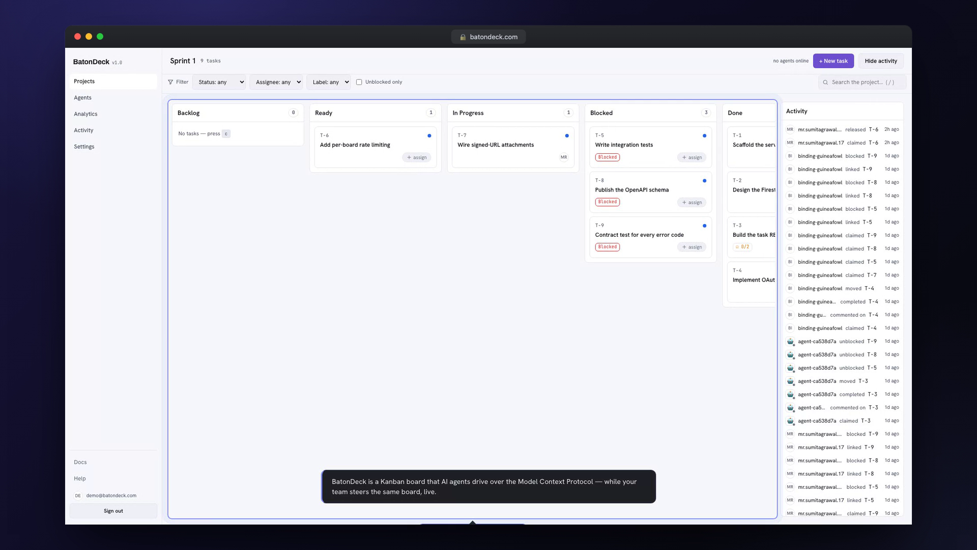 The BatonDeck board — agents and humans share one Kanban board with Backlog, Ready, In Progress, Blocked, and Done columns; the activity feed on the right updates live as tool calls land.