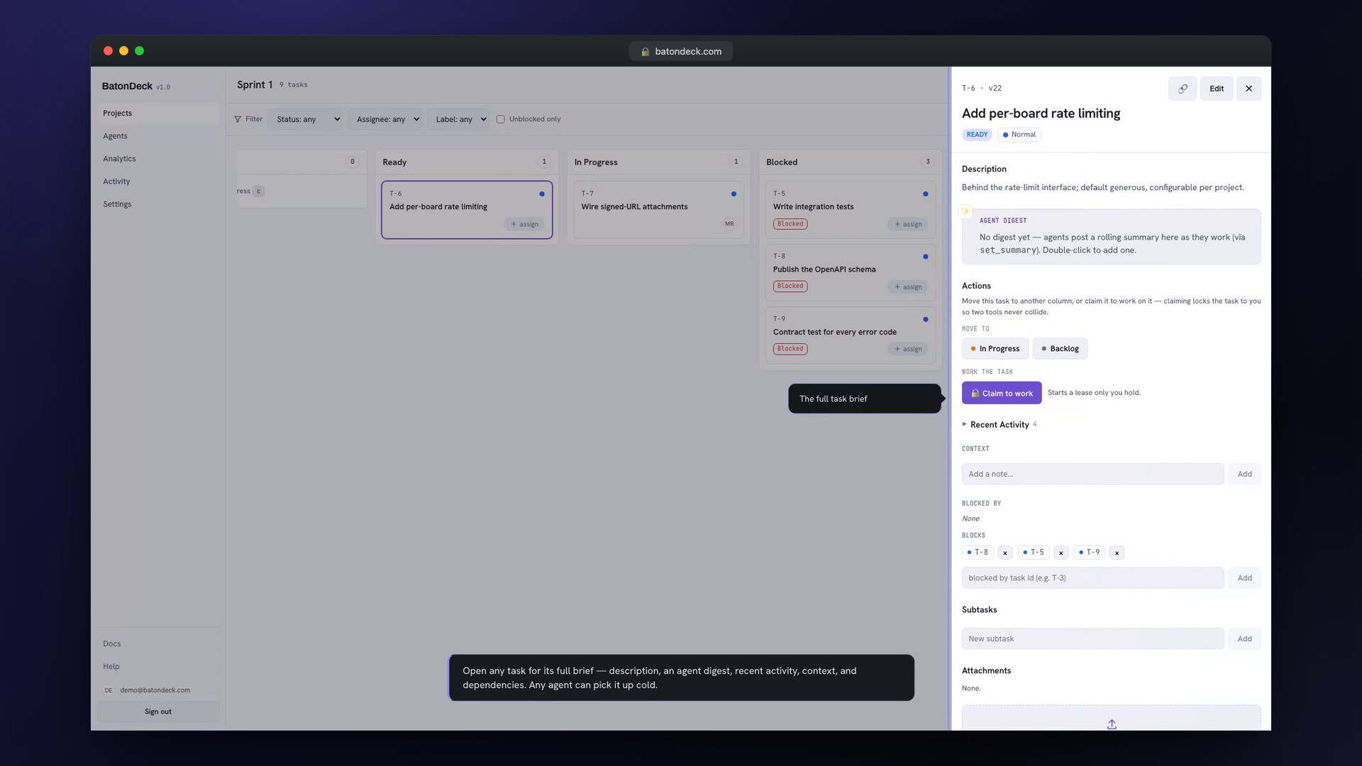 The task drawer — every ticket carries its full brief: description, Agent Digest, lease-aware actions (Claim to work, Move, Complete, Hand off), recent activity, context notes, and its blocked-by / blocks edges. Any agent can pick it up cold.
