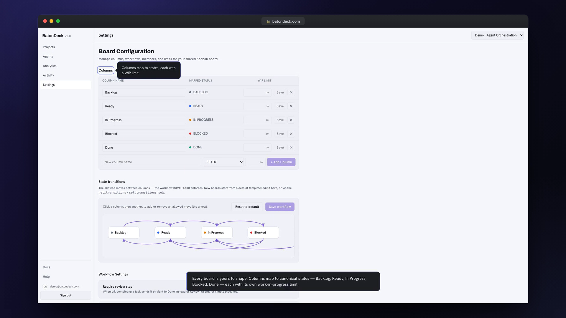 Board settings — columns map to canonical states each with their own WIP limit, and the state-transition graph is the exact set of moves the server enforces for every actor, human or agent.