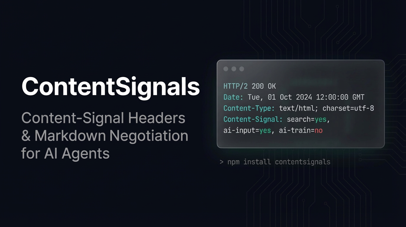 ContentSignals middleware pipeline: Node.js server sending Content-Signal headers to AI agents with search, ai-input, and ai-train permissions