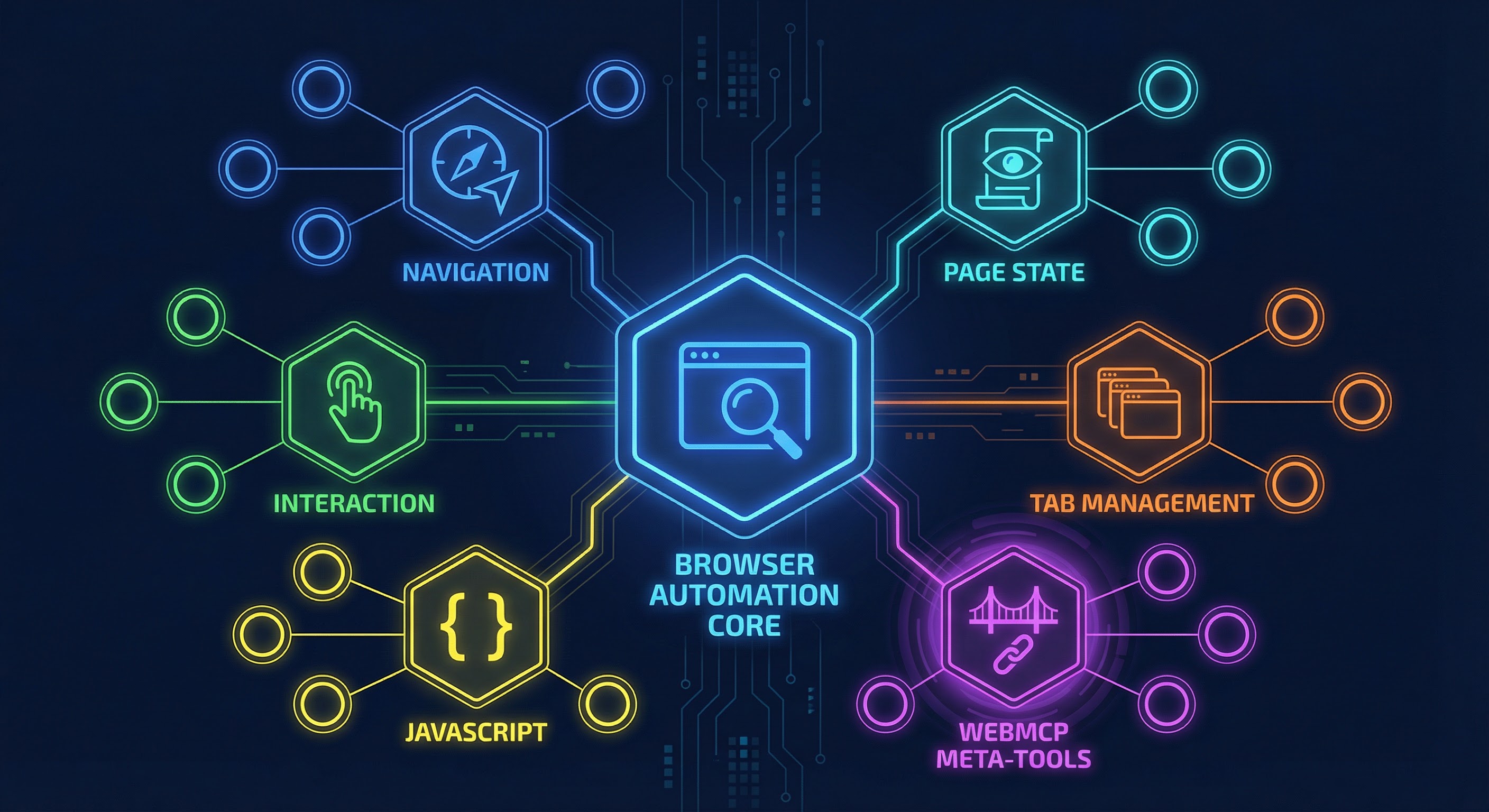 26 browser automation and WebMCP meta-tools organized by category: Navigation, Page State, Interaction, Tab Management, JavaScript, and WebMCP Meta-Tools