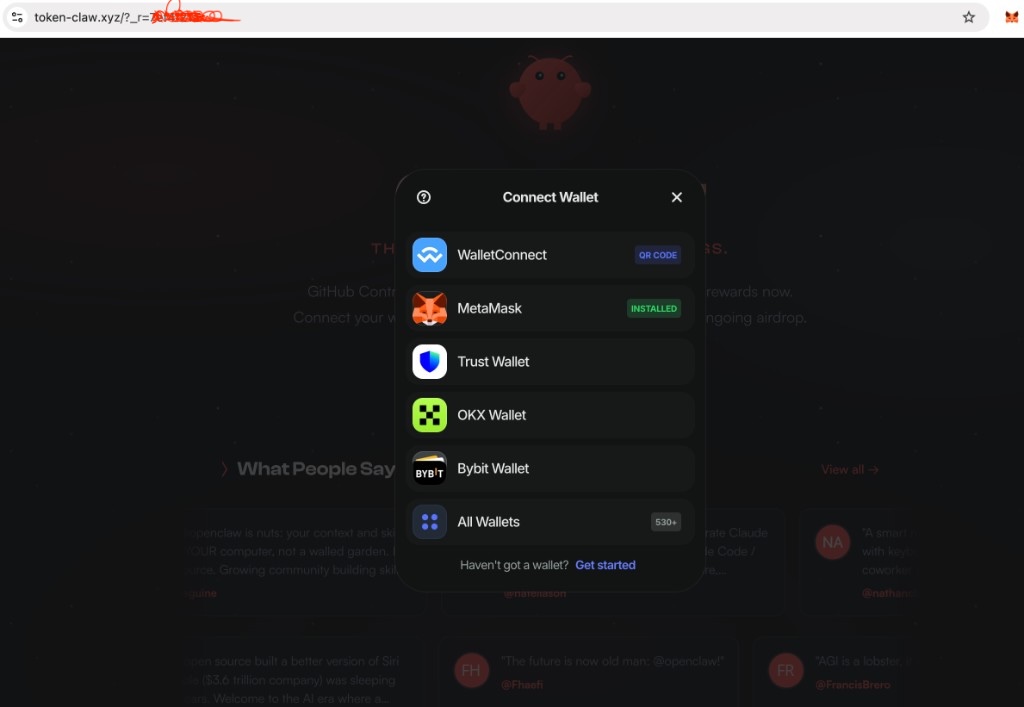 Connect Wallet dialog showing WalletConnect, MetaMask, Trust Wallet, OKX Wallet, and Bybit Wallet options