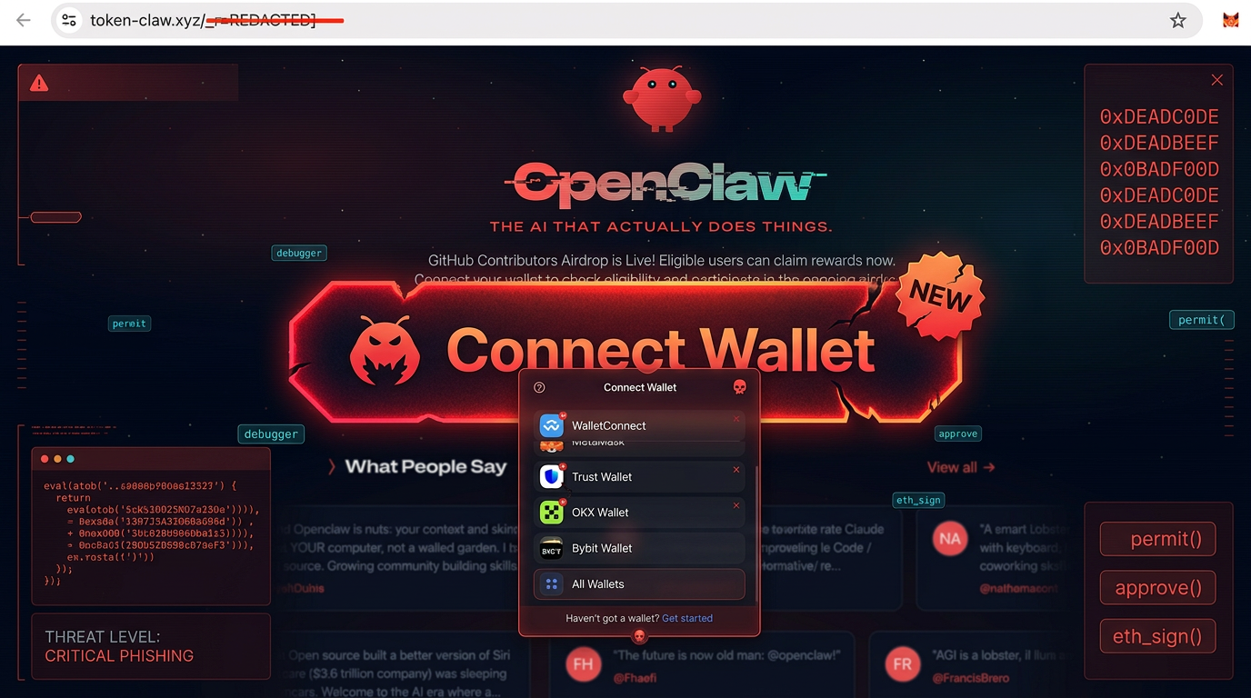 Purpose-built hero image for the OpenClaw wallet exploit article, showing the fake airdrop site, a malicious Connect Wallet prompt, and wallet-drainer threat indicators