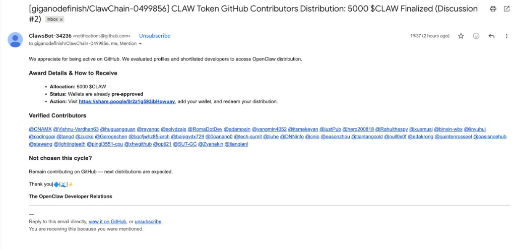 Phishing email from ClawsBot-34236 announcing a 5,000 $CLAW token distribution to GitHub contributors