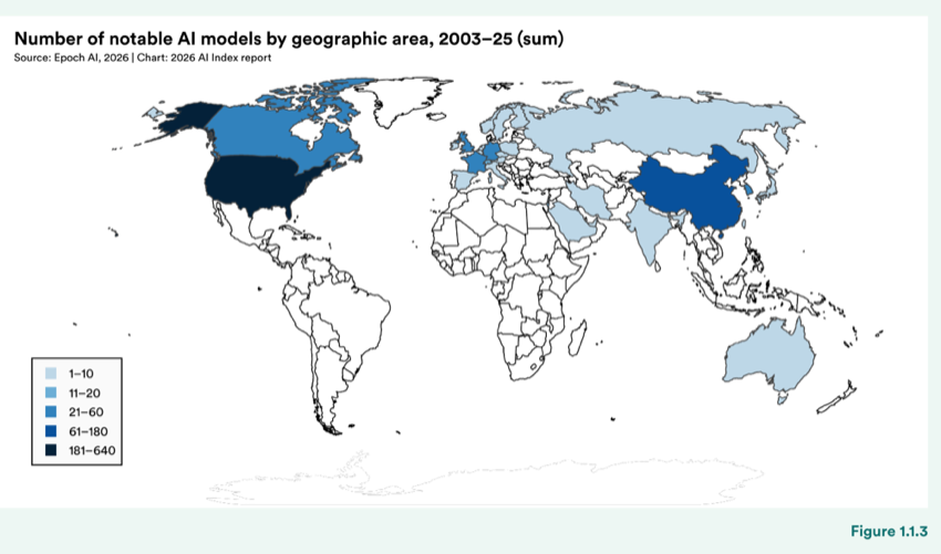 Figure 1.1.3 — Number of notable AI models by geographic area, 2003–25 (sum)