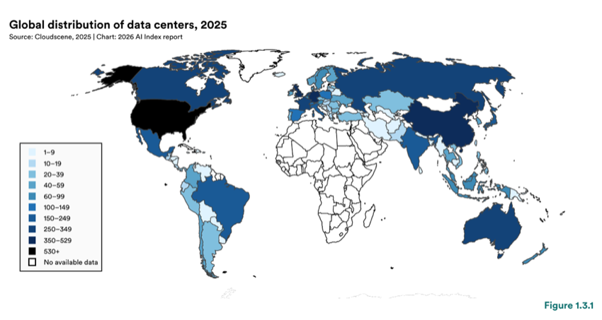 Figure 1.3.1 — Global distribution of data centers, 2025