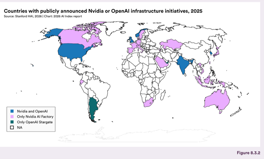 Figure 8.3.2 — Countries with publicly announced Nvidia or OpenAI infrastructure initiatives, 2025