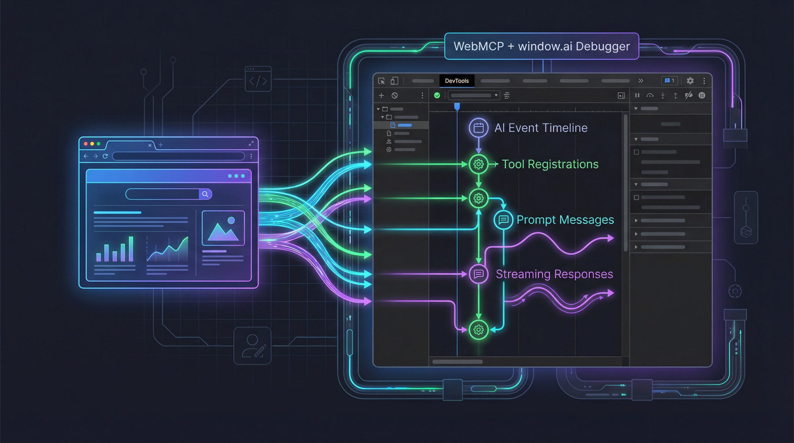 WebMCP Debugger Chrome DevTools extension intercepting AI events from a web page into a structured timeline