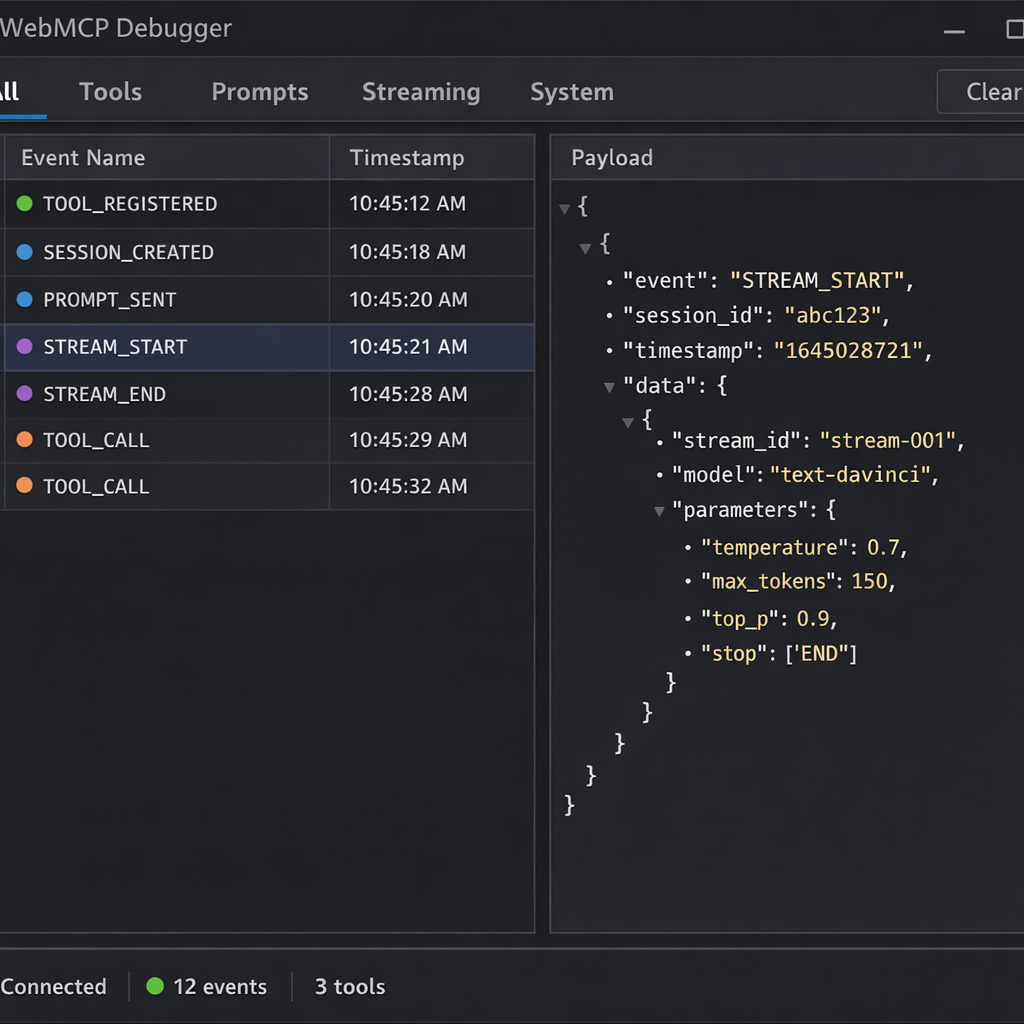 WebMCP Debugger panel showing a timeline of AI events with category filters and a JSON payload detail pane