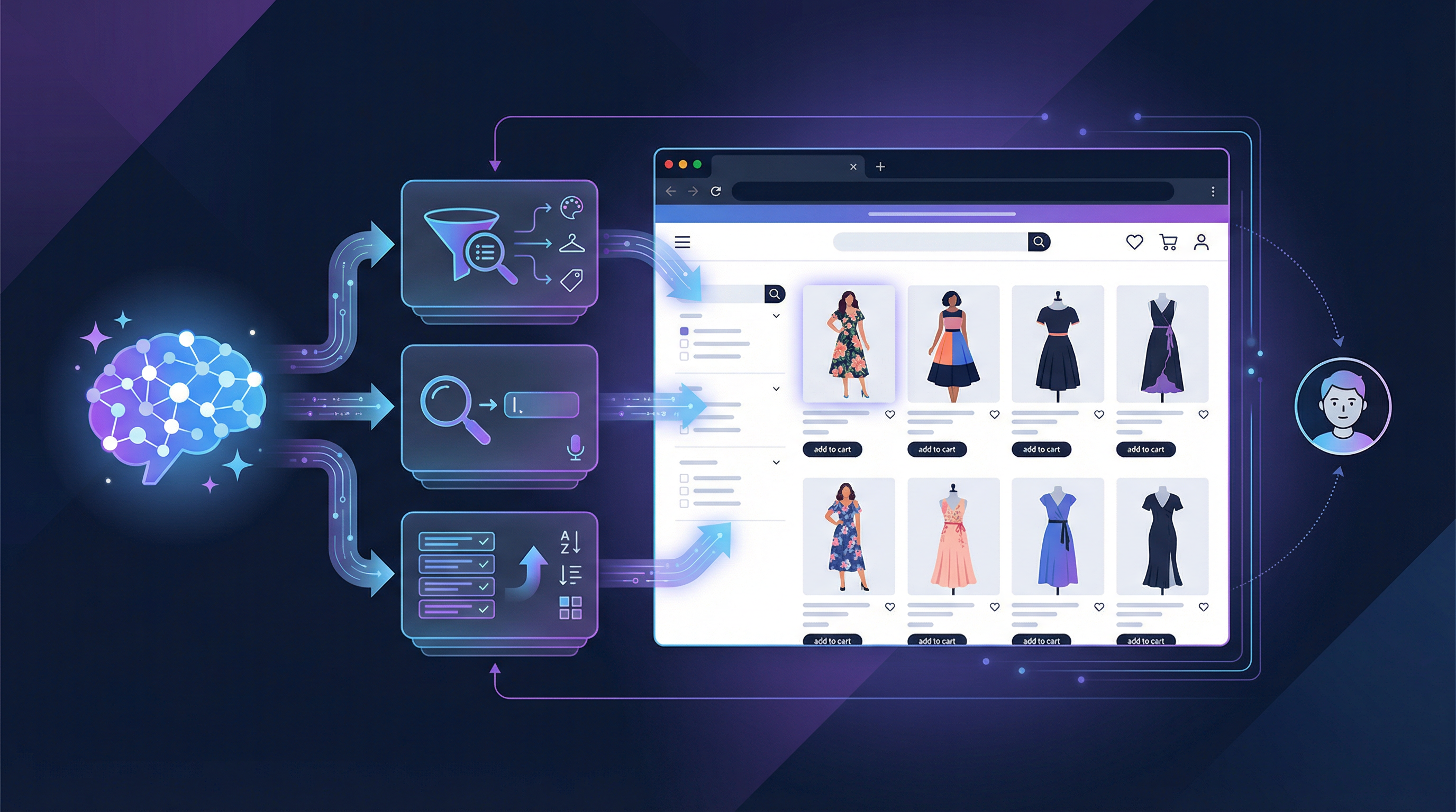 An AI agent using WebMCP tools to filter and display products on a shopping website while the user watches